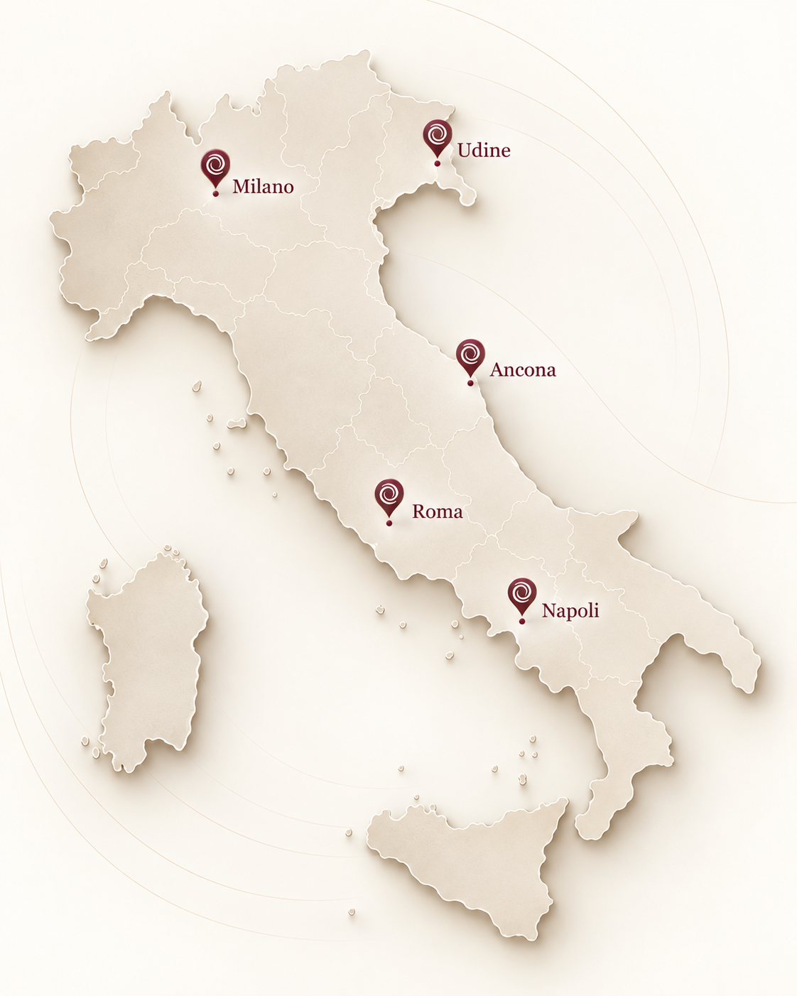 Mappa delle sedi VitaNova in Italia: Milano, Udine, Ancona, Roma e Napoli